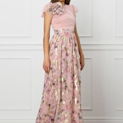 Black Friday Rochie DY Fashion lunga roz cu imprimeu floral pe fusta si floare maxi la umar
