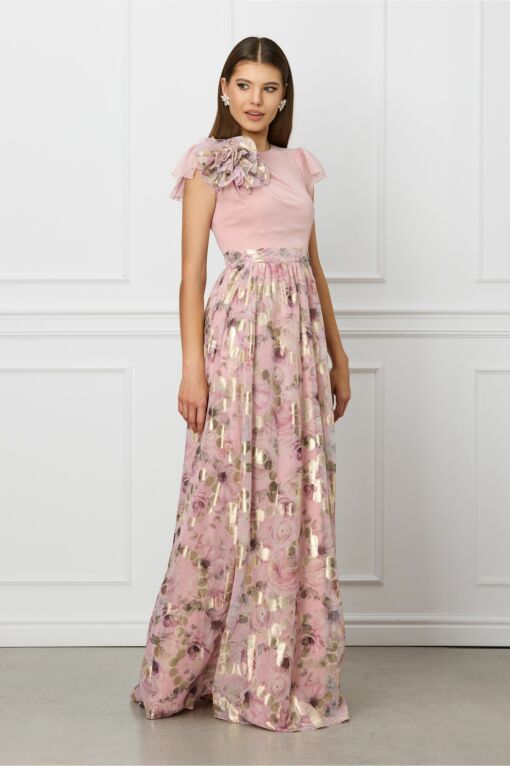 Black Friday Rochie DY Fashion lunga roz cu imprimeu floral pe fusta si floare maxi la umar