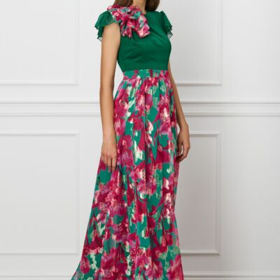 Black Friday 2022 Rochie DY Fashion lunga verde cu imprimeu floral roz pe fusta si floare maxi la umar