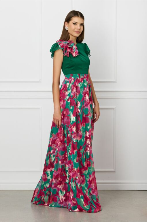 Black Friday 2022 Rochie DY Fashion lunga verde cu imprimeu floral roz pe fusta si floare maxi la umar