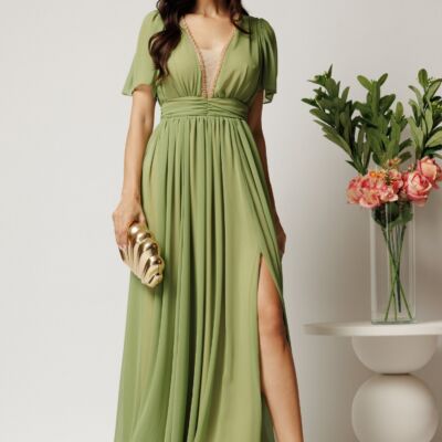 Black Friday Rochie DY Fashion lunga verde fistic din voal in clos cu strasuri si tull la decolteu