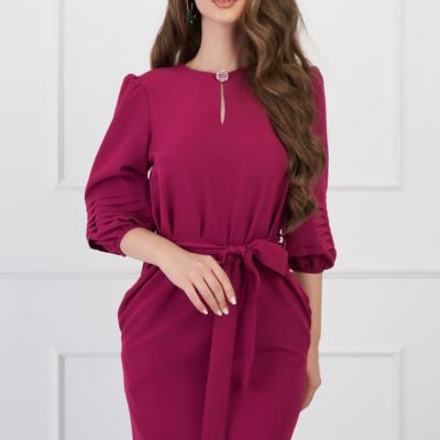 Black Friday 2022 Rochie DY Fashion magenta cu maneci bufante si cordon in talie