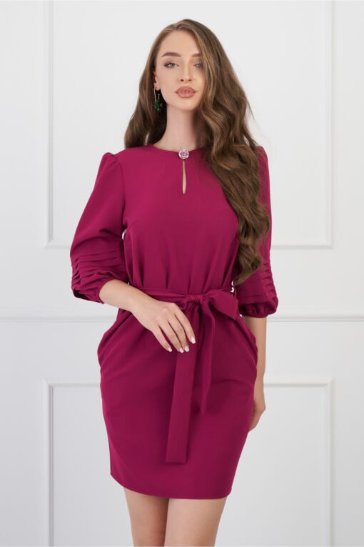 Black Friday 2022 Rochie DY Fashion magenta cu maneci bufante si cordon in talie