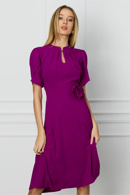 Black Friday Rochie DY Fashion magenta cu maneci lalea si trandafir in talie