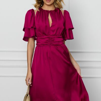 Black Friday Rochie DY Fashion magenta cu volane la maneci si decupaj la decolteu