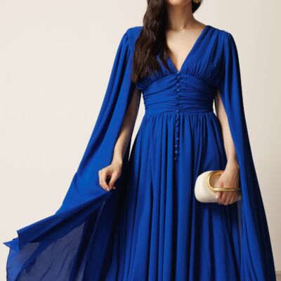 Black Friday Rochie DY Fashion midi albastra din voal in clos cu nasturi si maneci ample