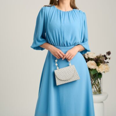 Black Friday Rochie DY Fashion midi bleu in clos din voal cu accesorii pe umeri