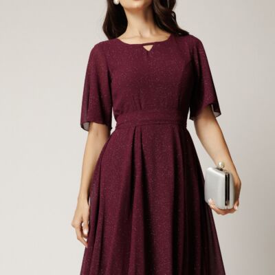 Black Friday Rochie DY Fashion midi bordo din voal in clos cu glitter si cordon in talie