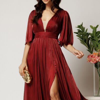 Black Friday Rochie DY Fashion midi bordo din voal in clos cu tull la decolteu si crapatura pe picior