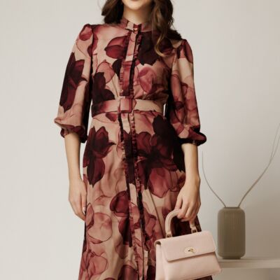 Black Friday Rochie DY Fashion midi cu imprimeu magenta cu maneci bufante si curea in talie