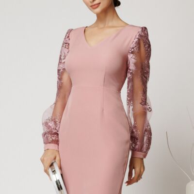 Black Friday Rochie DY Fashion midi roz din stofa conica cu maneci din dantela