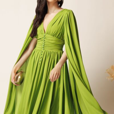 Black Friday Rochie DY Fashion midi verde crud din voal in clos cu nasturi si maneci ample