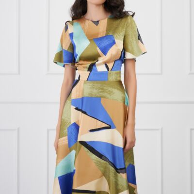 Black Friday Rochie DY Fashion midi verde cu imprimeuri albastre
