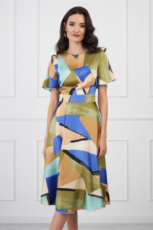 Black Friday Rochie DY Fashion midi verde cu imprimeuri albastre