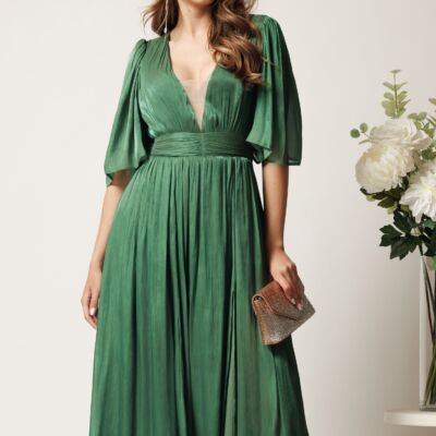 Black Friday Rochie DY Fashion midi verde din voal in clos cu tull la decolteu si crapatura pe picior