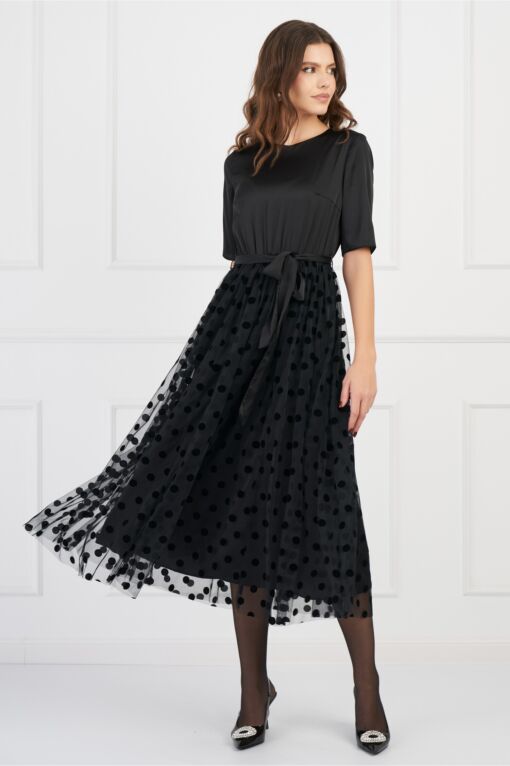 Black Friday Rochie DY Fashion neagra cu fusta din tull cu buline catifelate