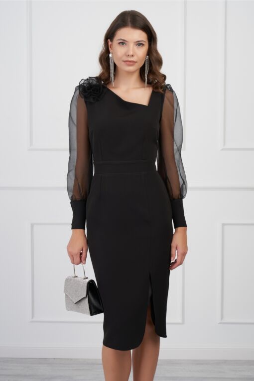 Black Friday 2022 Rochie DY Fashion neagra cu maneci din organza si floare pe umar