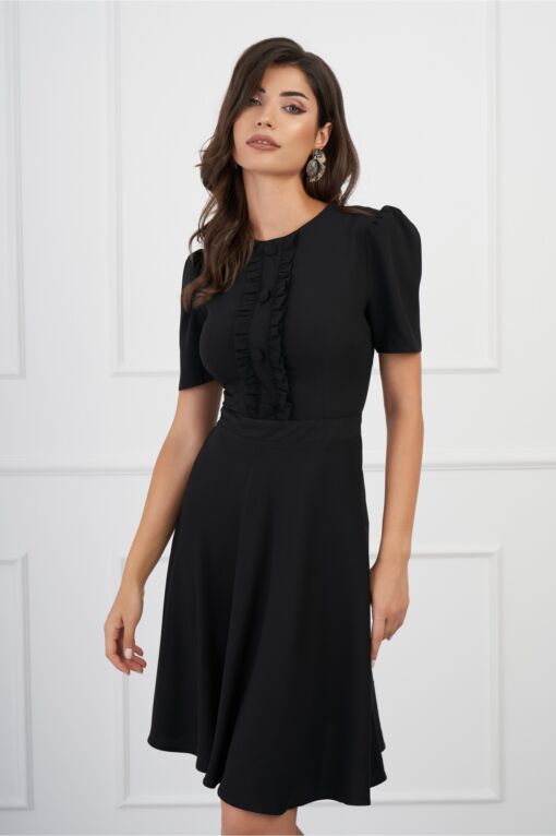 Black Friday Rochie DY Fashion neagra cu volan si nasturi pe bust