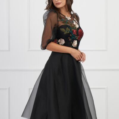 Black Friday 2022 Rochie DY Fashion neagra din organza cu broderie florala la bust
