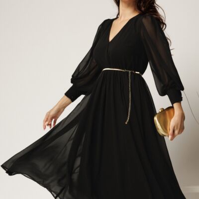 Black Friday Rochie DY Fashion neagra din voal cu decolteu petrecut si curea in taIie