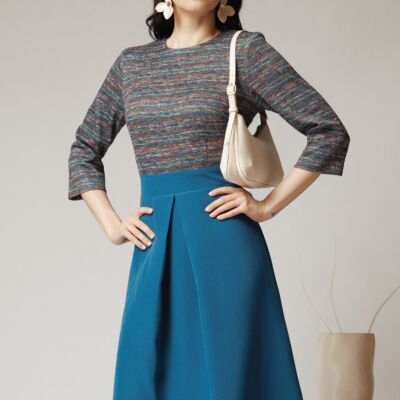 Black Friday Rochie DY Fashion office cu fusta din stofa turcoaz si bust din jerse cu imprimeu