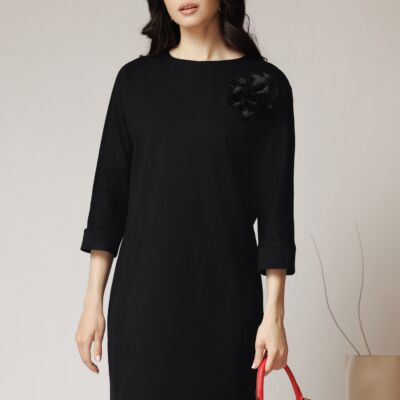 Black Friday Rochie DY Fashion office din jerse neagra cu floare maxi pe bust