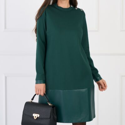Black Friday Rochie DY Fashion office din jerse verde cu insertie din piele ecologica la baza
