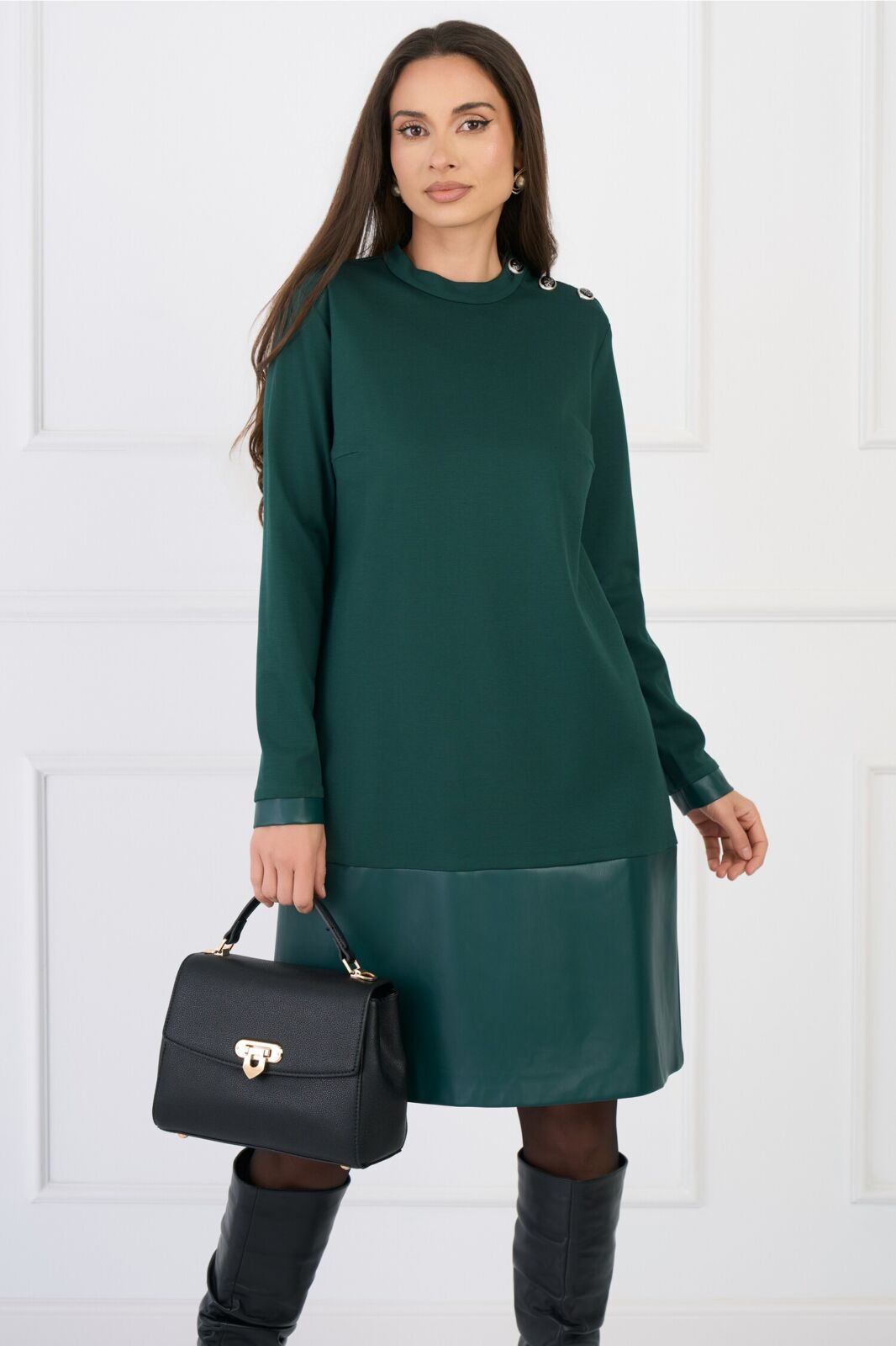 Black Friday Rochie DY Fashion office din jerse verde cu insertie din piele ecologica la baza