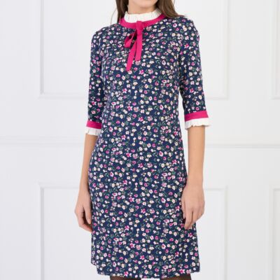 Black Friday Rochie DY Fashion office din stofa bleumarin cu flori fucsia si mansete din poplin