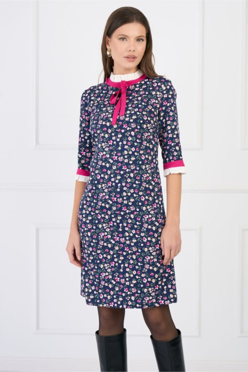 Black Friday Rochie DY Fashion office din stofa bleumarin cu flori fucsia si mansete din poplin