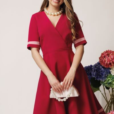 Black Friday Rochie DY Fashion office din stofa magenta cu benzi roz