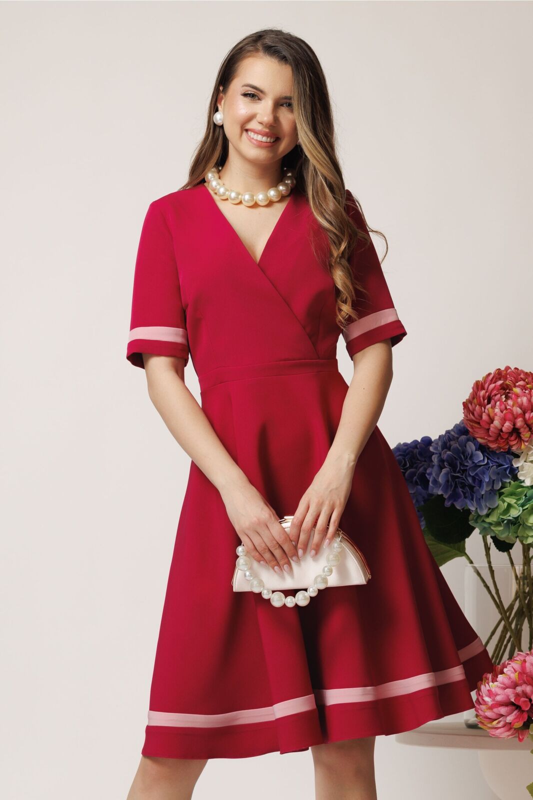 Black Friday Rochie DY Fashion office din stofa magenta cu benzi roz