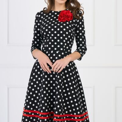 Black Friday Rochie DY Fashion office din stofa neagra cu buline si floare rosie