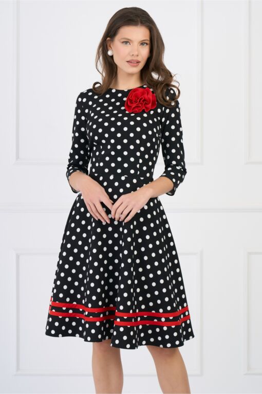 Black Friday Rochie DY Fashion office din stofa neagra cu buline si floare rosie