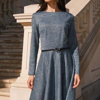 Black Friday Rochie DY Fashion office din tricot bleu cu croi clos si curea in talie
