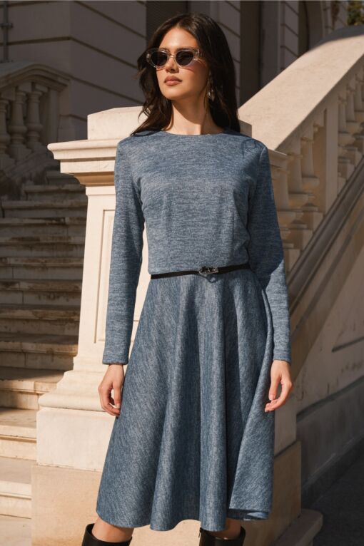 Black Friday Rochie DY Fashion office din tricot bleu cu croi clos si curea in talie