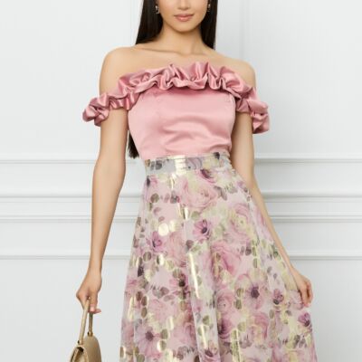 Black Friday Rochie DY Fashion roz cu imprimeuri florale pe fusta si volane la bust
