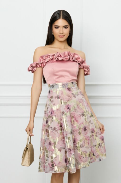 Black Friday Rochie DY Fashion roz cu imprimeuri florale pe fusta si volane la bust