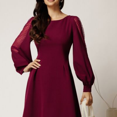 Black Friday Rochie DY Fashion scurta magenta din stofa in clini cu maneci din tull cu buline