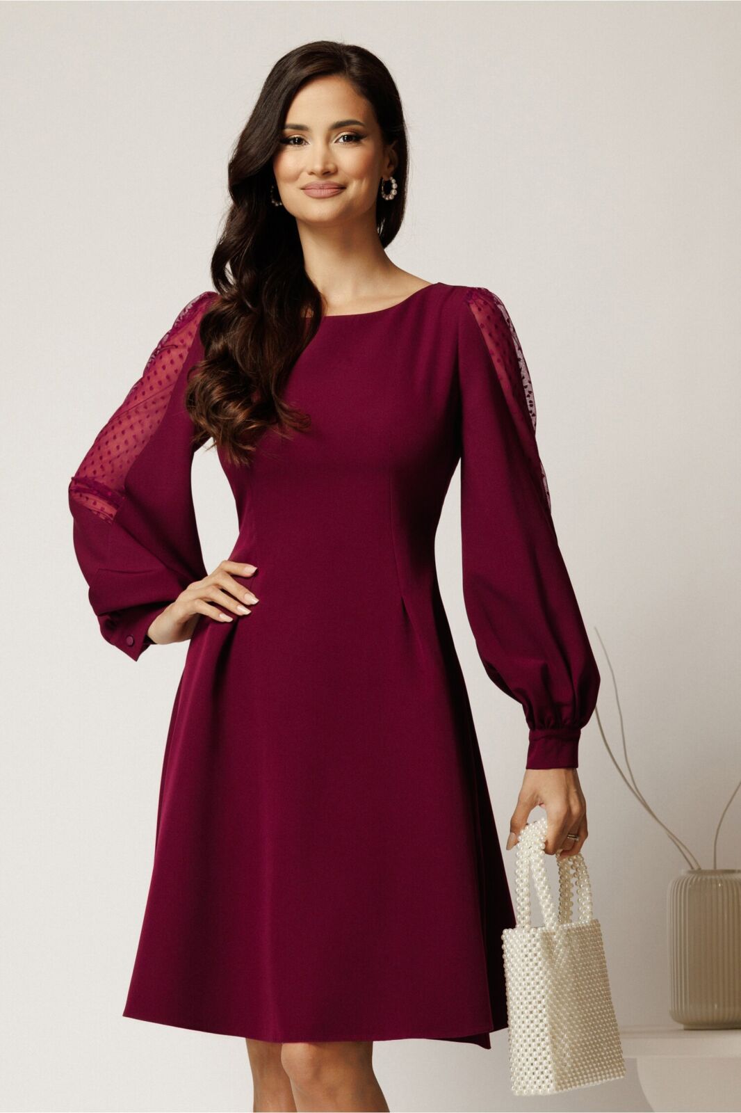Black Friday Rochie DY Fashion scurta magenta din stofa in clini cu maneci din tull cu buline