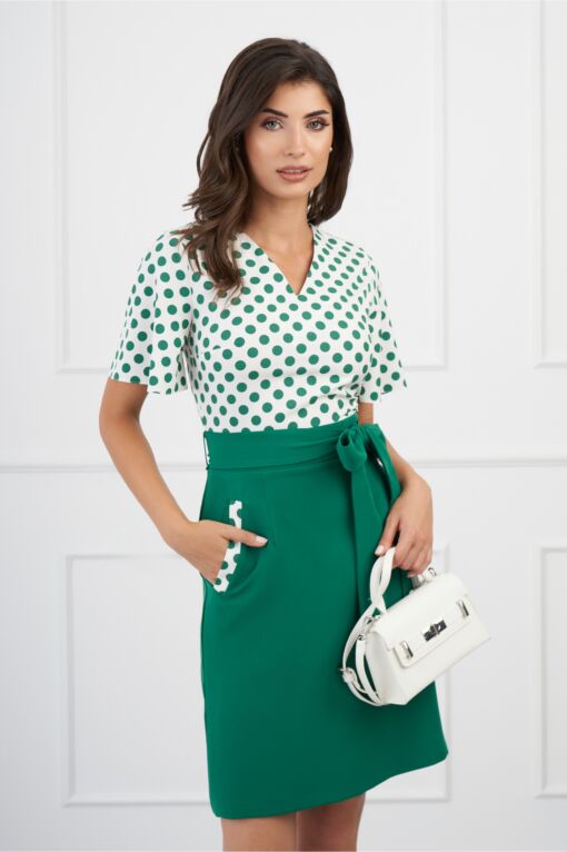 Black Friday Rochie DY Fashion verde cu buline la bust si cordon in talie