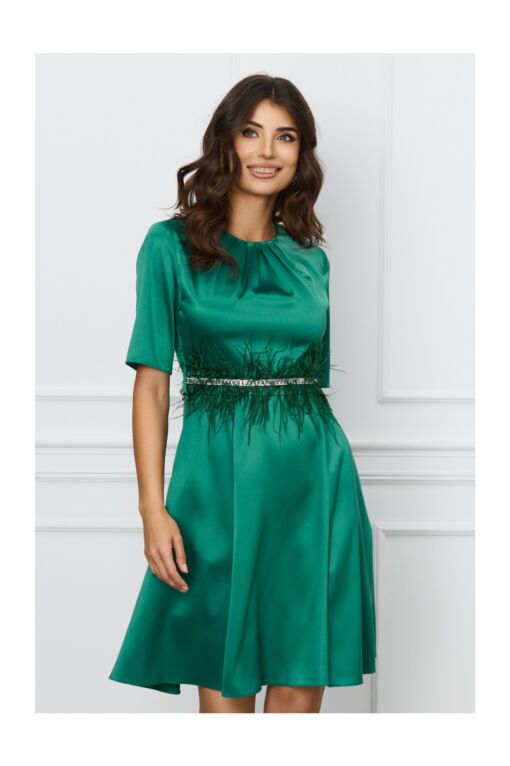 Black Friday Rochie DY Fashion verde cu cordon din pene si strasuri in talie