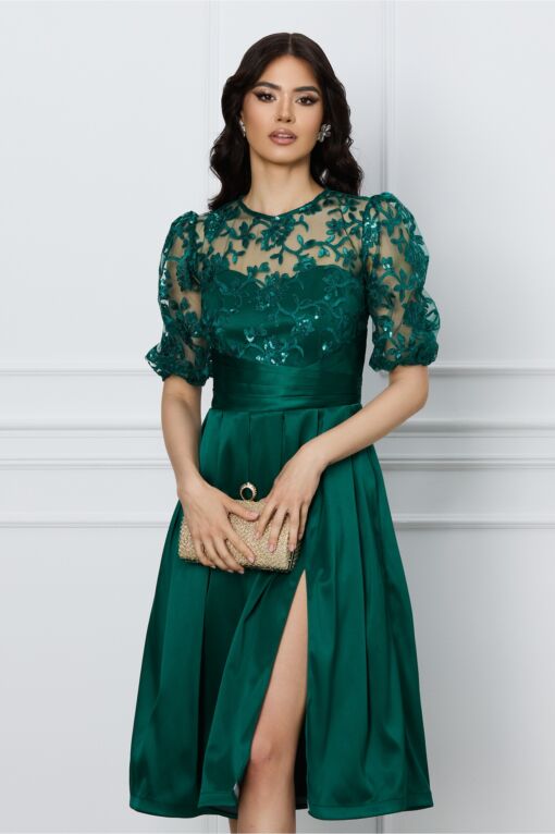 Black Friday 2022 Rochie DY Fashion verde cu dantela la bust si crepeu pe fusta