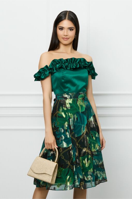 Black Friday 2022 Rochie DY Fashion verde cu imprimeuri florale pe fusta si volane la bust