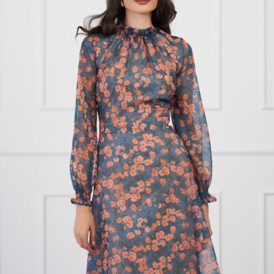Black Friday Rochie DY Fashion verde cu imprimeuri orange si guler incretit