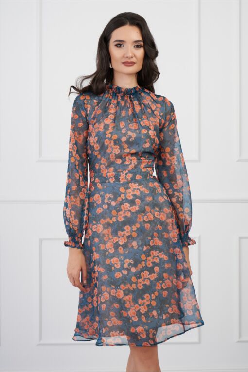 Black Friday Rochie DY Fashion verde cu imprimeuri orange si guler incretit