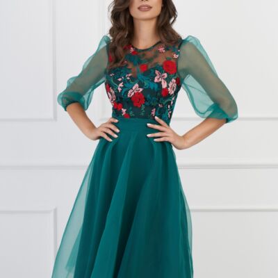 Black Friday 2022 Rochie DY Fashion verde din organza cu broderie florala la bust