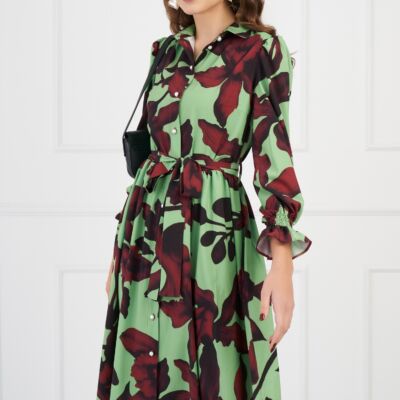 Black Friday Rochie DY Fashion verde fistic cu imprimeuri maro si nasturi