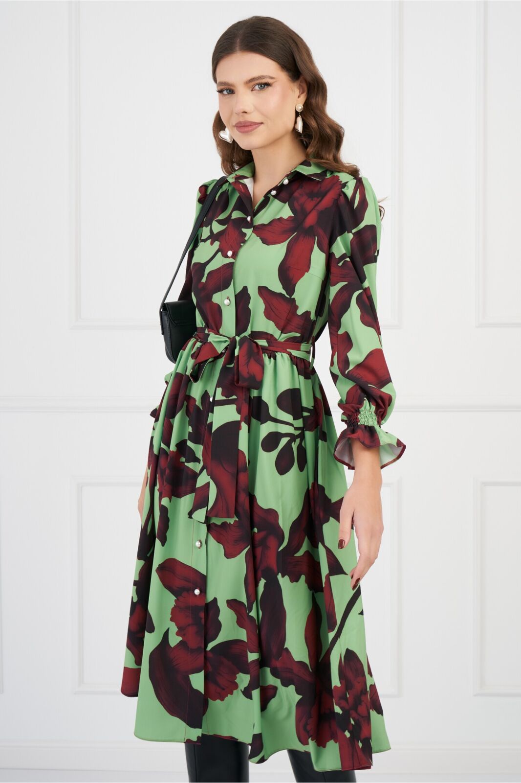 Black Friday Rochie DY Fashion verde fistic cu imprimeuri maro si nasturi