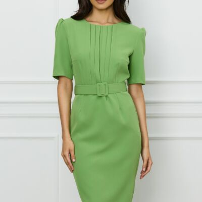 Black Friday Rochie DY Fashion verde fistic cu pliuri pe bust si curea in talie